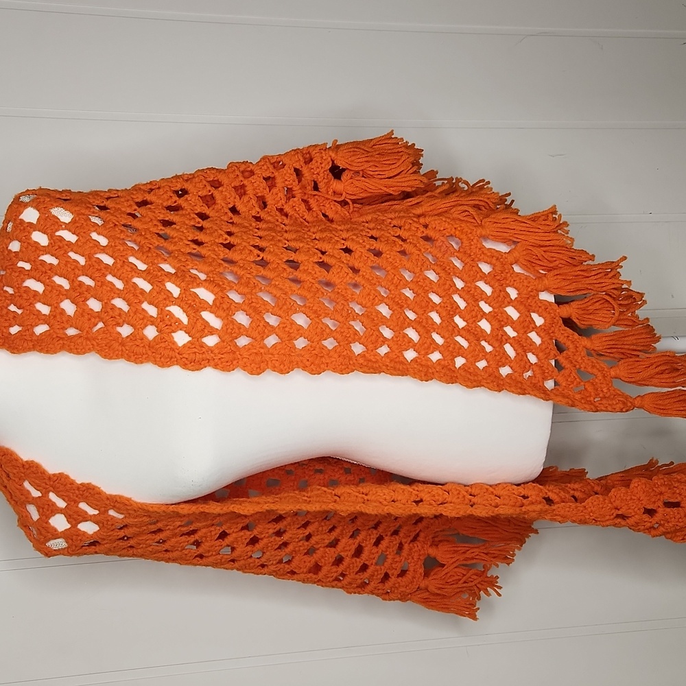 Orange 1970s Handmade  Crochet Knit Hippie Shawl with Fringe